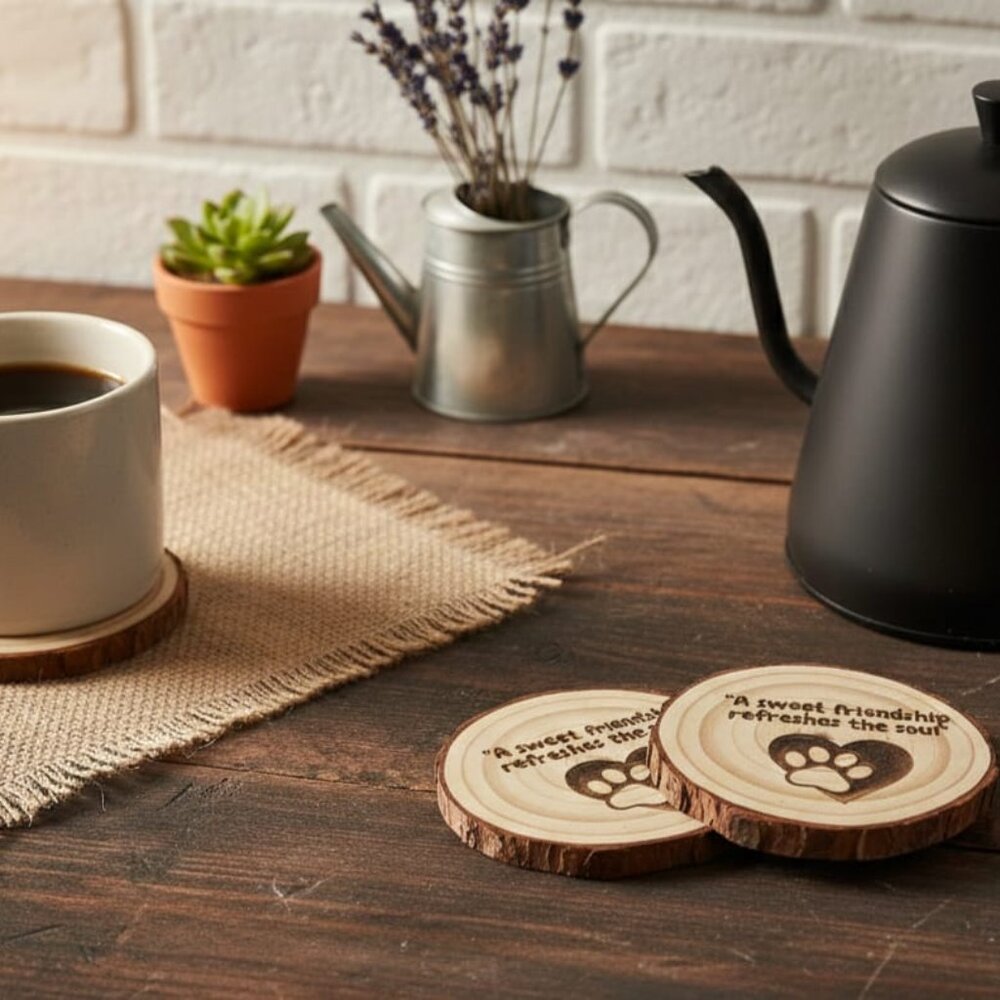 Wooden Coasters with Fur Friend Inspirational Quote